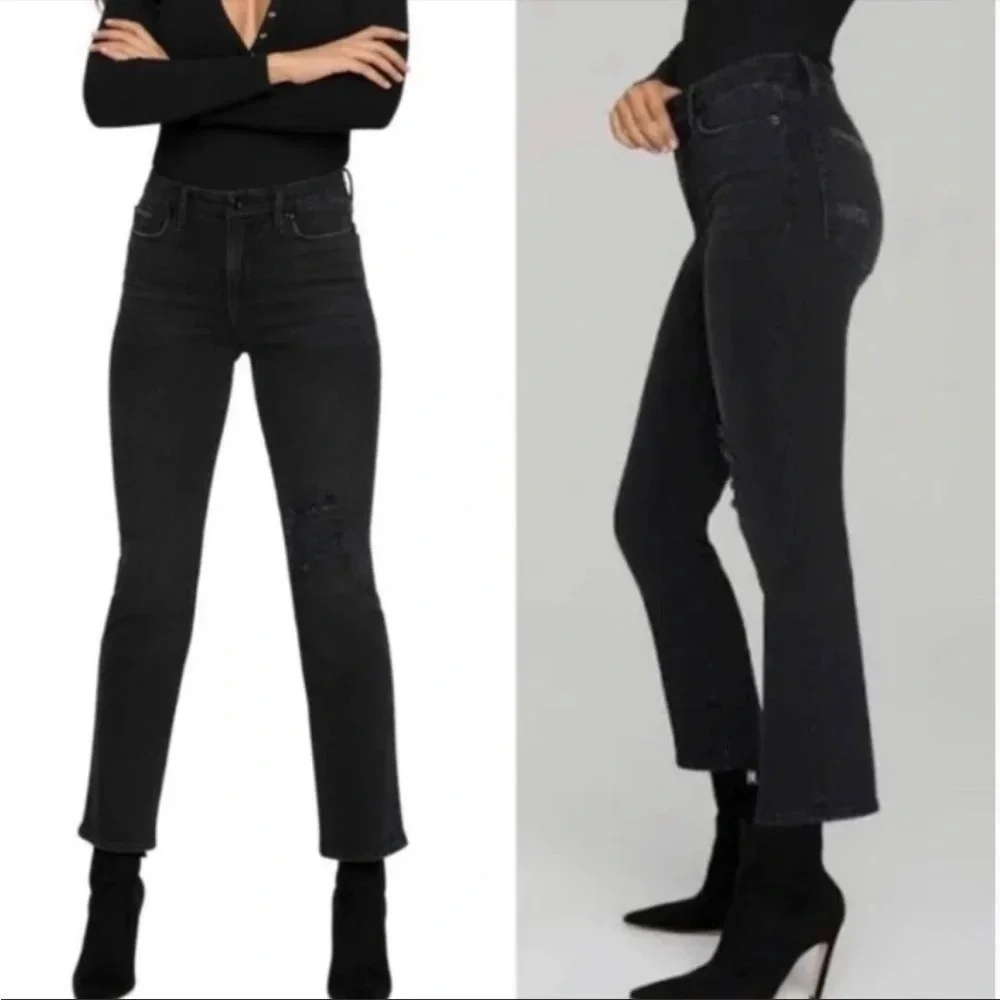 Good American Classic Black Straight Leg Jeans Denim High Waist Ripped Size 4/27